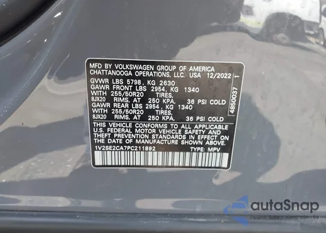 2023 Volkswagen Atlas Cross Sport 3.6L V6 Sel/3.6L V6 Sel R-Line Black z USA, uszkodzony, nr VIN 1V2SE2CA7PC211892